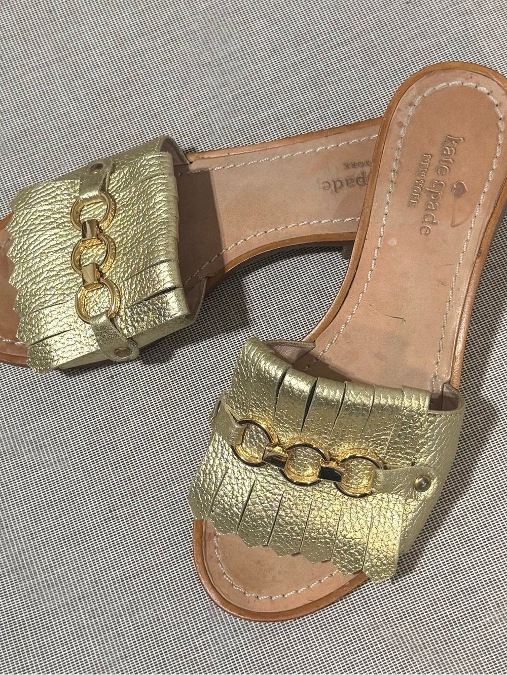 kate spade Gold Leather Fringe Slide Sandals